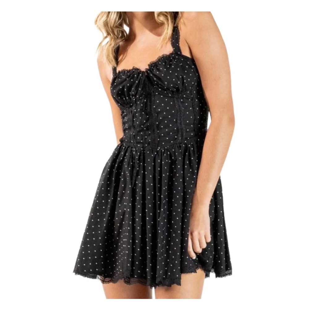 Rich &‎ Famous Polka Dot Corset Mini Dress Black White Lace Trim Small NWT